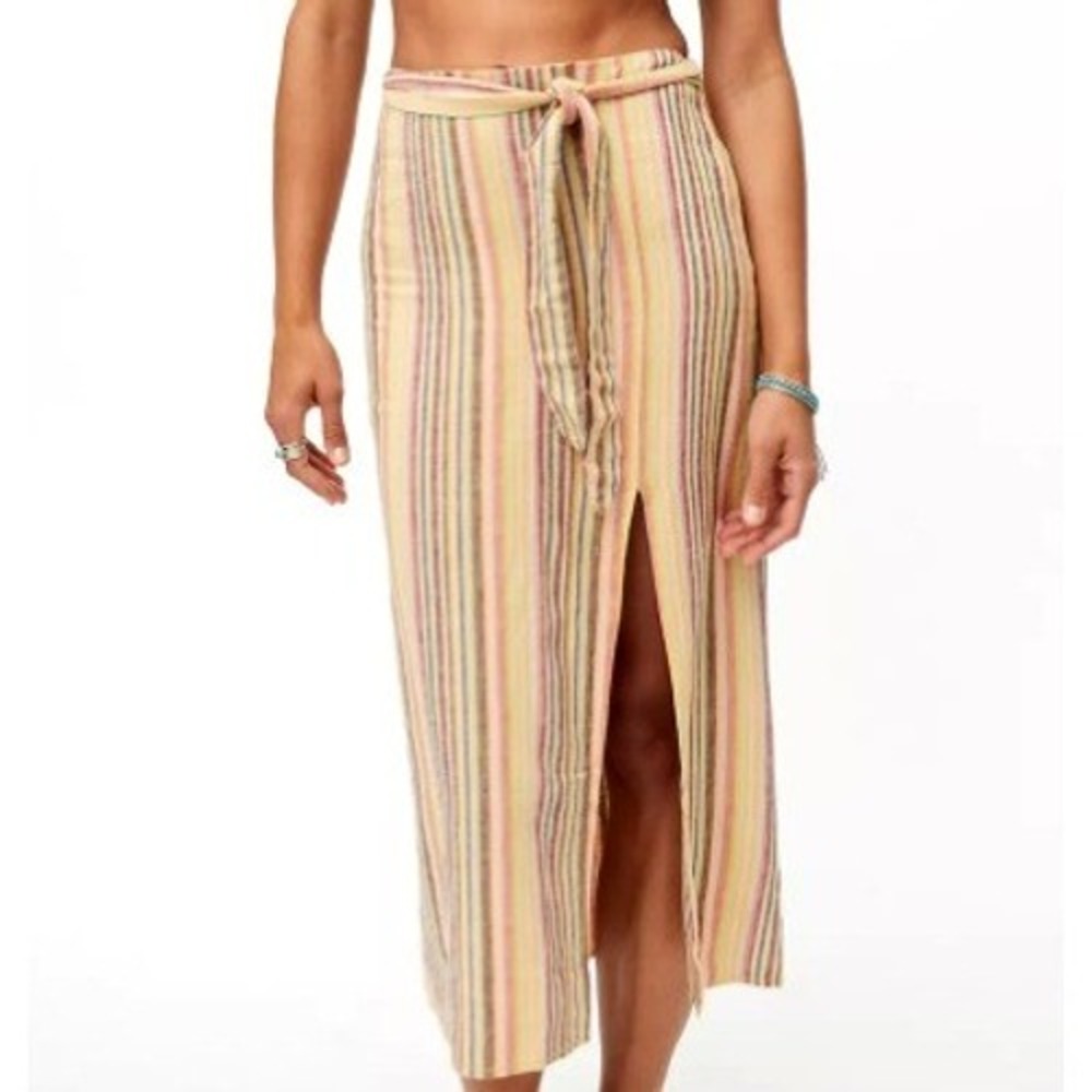 URBAN OUTFITTERS Women's Small Linen Vertical Stripe Midi Skirt Waist Tie Slit